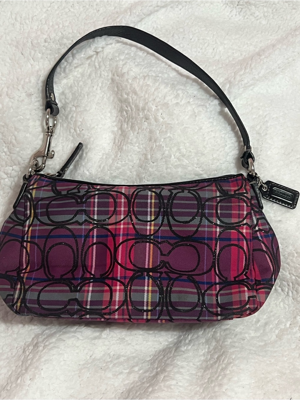 Coach Pink Plaid Signature Shoulder Bag with Black Strap
